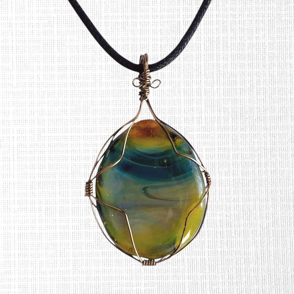 Copper Wire Wrapped Art Glass Pendant Necklace Swirled Glitter Bohemian Studio